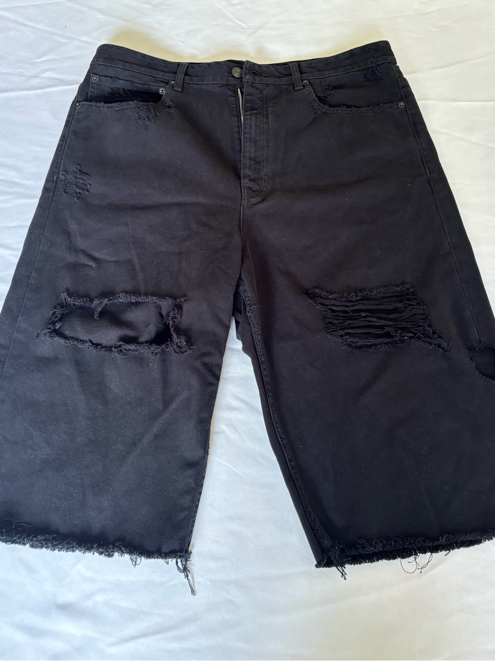 Balenciaga Over Knee Length Distressed Black Raw Hem Denim Shorts Sz Large
